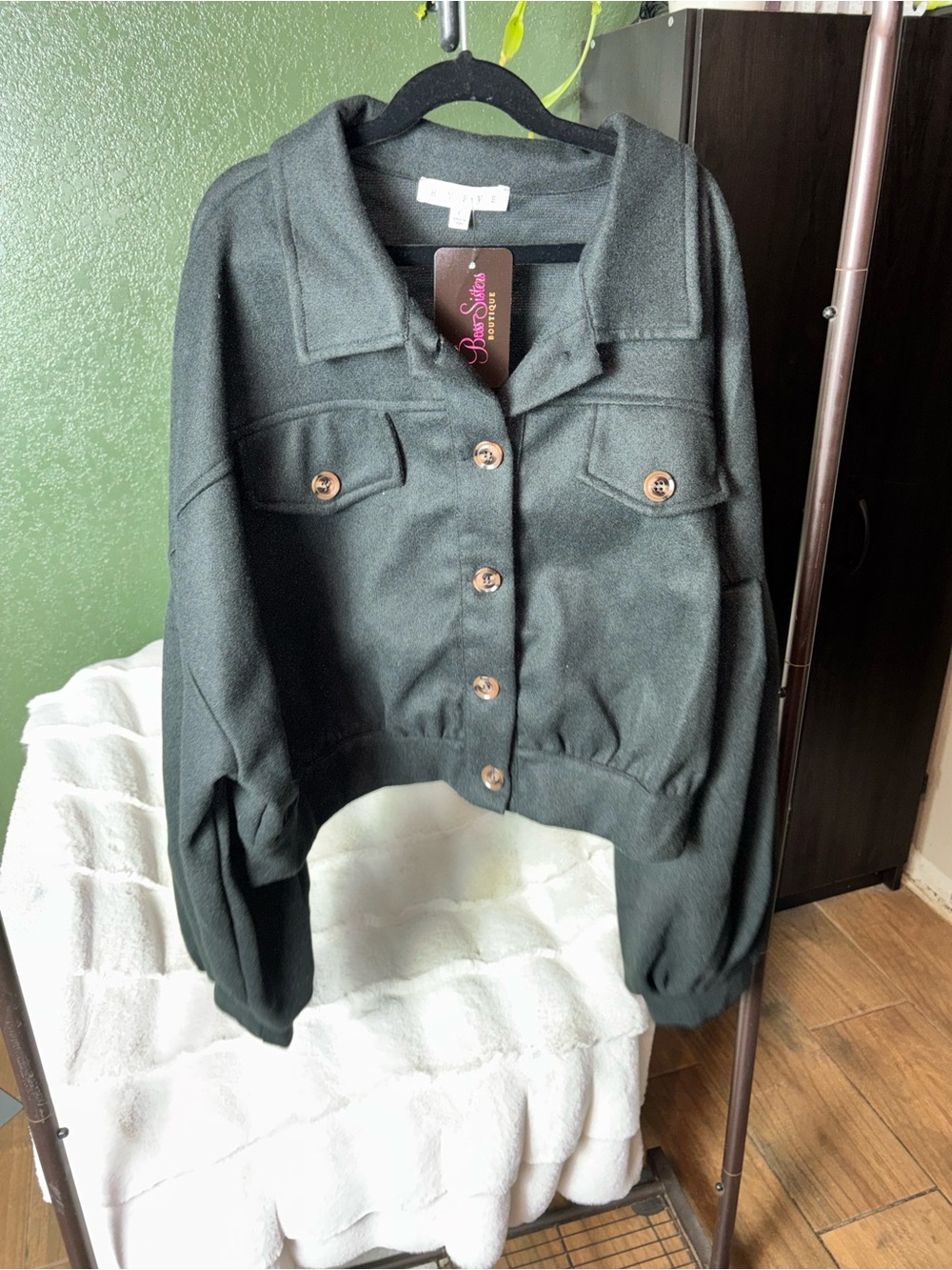 Boxy Button-Front Jacket - Dark Green